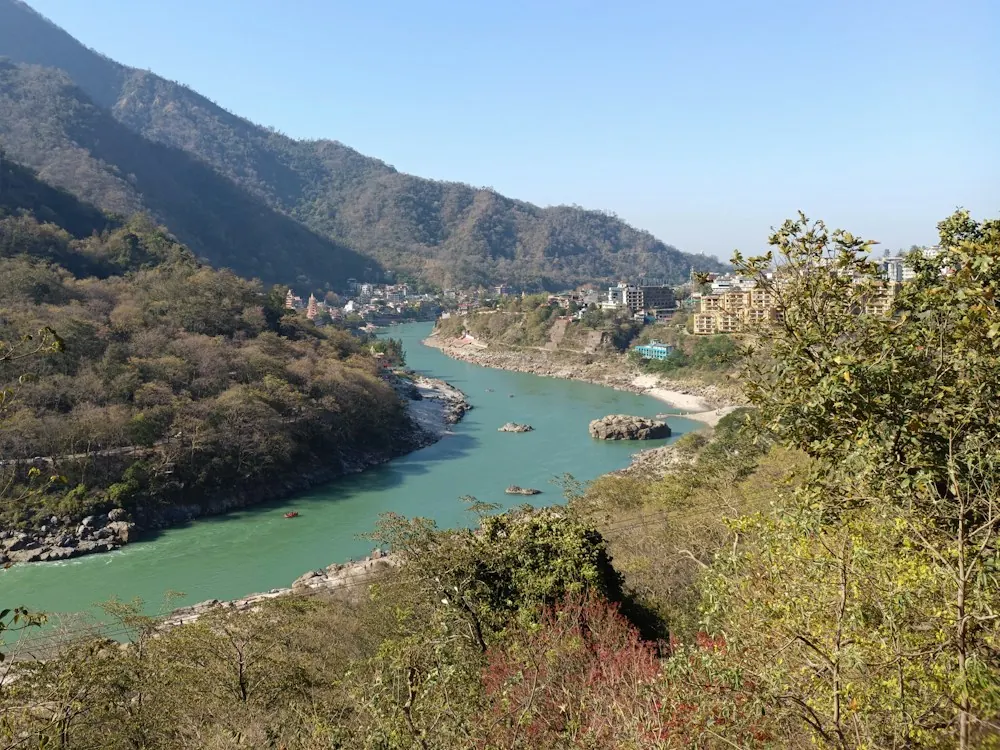 The Ganga winding past Rishikesh between forested hills
