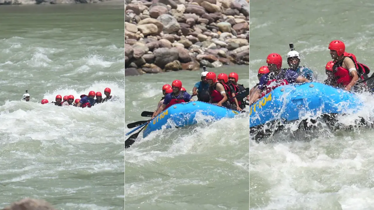A three-panel composite of Rishikesh rafting routes — a distant raft in calm water on the left for Brahmpuri, a mid-stretch raft alongside the rocky bank in the middle for Shivpuri, and a close-up of a raft pushed up by a big whitewater wave on the right for Marine Drive